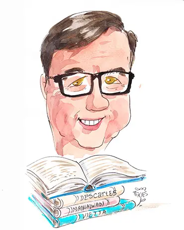 Denken. Lesen. Reden. Und wieder von vorn. Karikatur des Geschäftsführers von planiloquus publisher mit offenen Büchern